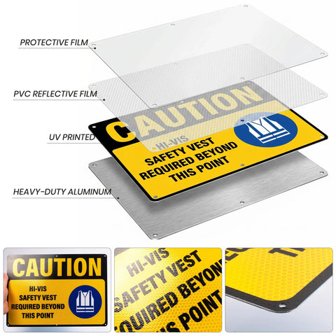 Caution Hi Vis Safety Vest Required Beyond This Point Sign Durable Rust Free Aluminum With UV Protected Print Waterproof Outdoor Warning Sign For Industrial Areas Highly Reflective For Day And Night Visibility. 14x10 in aluminum sign with protective film