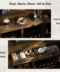 Next Level Extra Large Coffee Bar Cabinet With Fridge Space And Built In Power Outlet Luxe Mini Fridge Cabinet With Two Drawers Wine Rack Leather Handle Adjustable Shelves Bar Tray Glass Holder Sliding Door Walnut Finish Buffet Sideboard showing pull-out tray and spacious drawers filled with utensils and wine bottles.