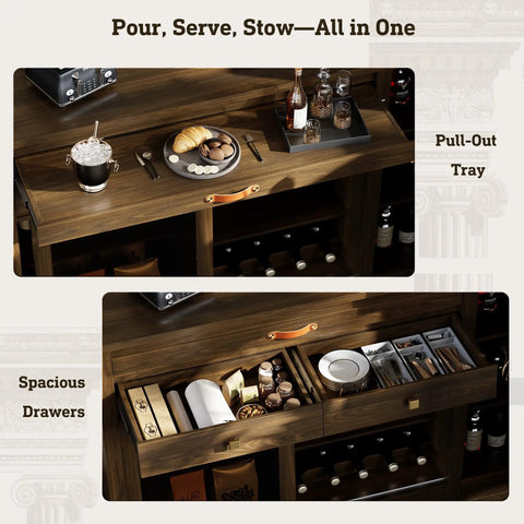 Next Level Extra Large Coffee Bar Cabinet With Fridge Space And Built In Power Outlet Luxe Mini Fridge Cabinet With Two Drawers Wine Rack Leather Handle Adjustable Shelves Bar Tray Glass Holder Sliding Door Walnut Finish Buffet Sideboard showing pull-out tray and spacious drawers filled with utensils and wine bottles.