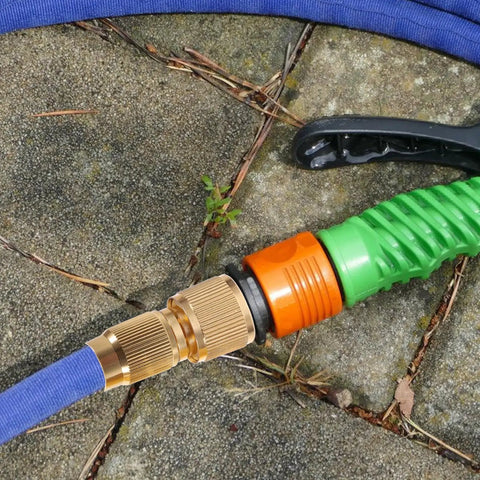 Aluminum Alloy Plated Quick Hose Connector 2.37 Inch Leak Free Male Hose Connector attached to blue and green garden hose