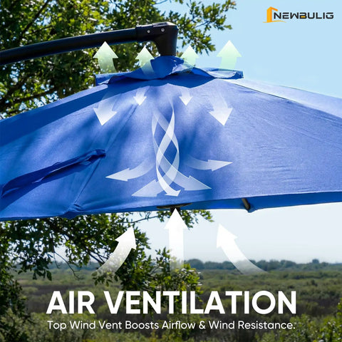 10 Foot Offset Cantilever Patio Umbrella With Base Included No Fuss Setup UV Protection Fade Resistant Fabric Easy Tilt Adjustment Wind Resistant Canopy For Pool Deck Garden Backyard Blue showing air ventilation system