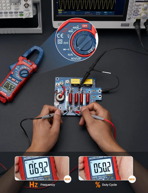 Handy Digital Clamp Meter Multimeter Auto Ranging 4000 Counts measuring frequency and duty cycle on electronic circuit board.
