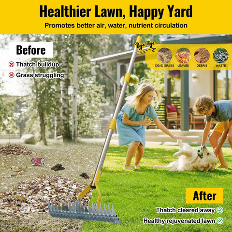 2 In 1 Thatch Rake And Leaf Rake Stainless Steel Lawn Dethatcher With 19 Tines And 15 Inch Wide Head in action on lawn