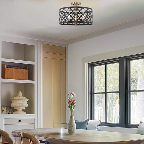 Dining area with Dope 16 Inch 3 Light Modern Semi Flush Mount Ceiling Light With Metal Drum Shade In Warm Brass And Black Finish