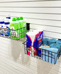 Heavy Duty Slatwall Baskets For Garage And Workshop 15 Inch Large Wire Storage Bins Rugged Slatwall Organizers in use