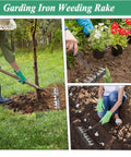 Upgrade Iron Weeding Rake 2.0 with Eight Teeth Manual Weeder in use for gardening and weeding aids, lawn dethatching garden tool