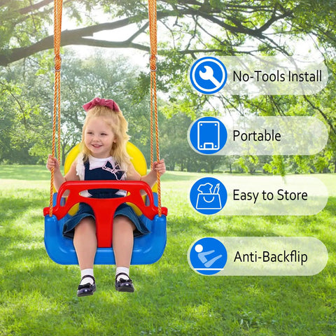Child using Three In One Convertible Kids Swing Seat With Detachable High Back Support for indoor and outdoor playgrounds
