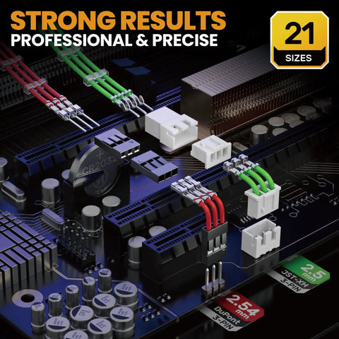 Pro Grade Crimp Tool Connector Kit With JST XH 2.5mm And Dupont 2.54mm Connector Set on circuit board, showing connections.