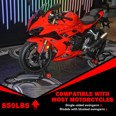Motorcycle on Motorcycle Front And Rear Stand Combo With 4 Pulley Wheel Lift, Universal Fit For Swingarms And Spools, Red Wheel.