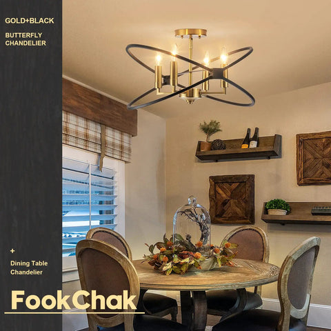 Black And Gold Industrial Ceiling Light Fixture With Four Light Candle Chandelier Ceiling Mount For Dining Room Kitchen