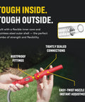 Close-up of hands holding Heavy Duty Stainless Steel Garden Hose With Nozzle, Kink Free And Rust Resistant, focus on easy-twist nozzle.