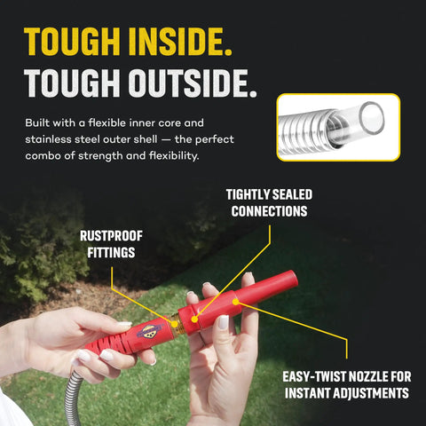 Close-up of hands holding Heavy Duty Stainless Steel Garden Hose With Nozzle, Kink Free And Rust Resistant, focus on easy-twist nozzle.