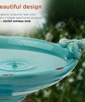 Close-up of 25 Inch Tall Outdoor Ceramic Antique Pedestal Birdbath With Turquoise Finish And Two Playful Bird Figurines For Garden Yard Patio Deck Decor