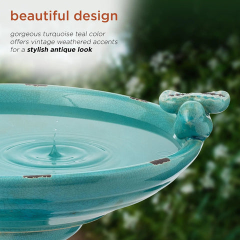 Close-up of 25 Inch Tall Outdoor Ceramic Antique Pedestal Birdbath With Turquoise Finish And Two Playful Bird Figurines For Garden Yard Patio Deck Decor