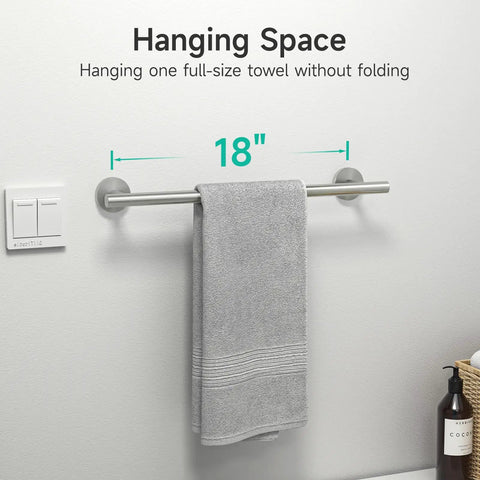 Brushed Nickel Bathroom Accessories Set Five Piece Wall Mounted Easy Install Includes 24 Inch Towel Bar 18 Inch Towel Bar Toilet Paper Holder Towel Ring And Robe Hook Durable 304 Stainless Steel Modern Hardware showing 18 inch towel bar with towel hanging