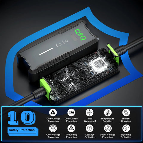 Level 2 Portable EV Charger With 32A Adjustable Amps, 240V NACS Plug And Play Design For Tesla with safety features and detailed design.