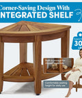 Kai Corner Teak Shower Bench With Storage Shelf For Bathroom Durable Water Resistant Shower Chair Shaving Foot Rest Indoor And Outdoor Use Compact Space Saver Seat, showing wood design with integrated shelf.