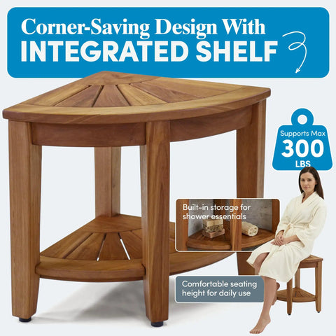 Kai Corner Teak Shower Bench With Storage Shelf For Bathroom Durable Water Resistant Shower Chair Shaving Foot Rest Indoor And Outdoor Use Compact Space Saver Seat, showing wood design with integrated shelf.