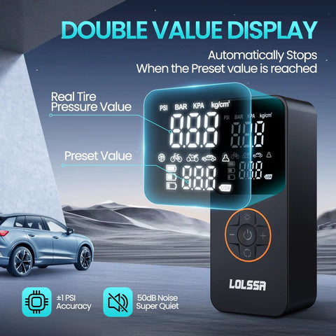 Cordless Tire Inflator Portable Air Compressor 150 PSI Fast Inflate For Cars Motorcycles Bicycles And Balls With Built In Pressure Gauge Dual Use Type showing digital display readings.