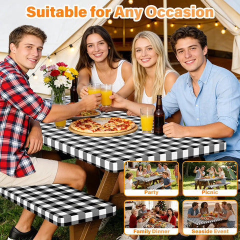 Group enjoying a meal with Six Foot Picnic Table Cover With Bench Covers Set All Weather Dual Layer Waterproof Tablecloth With Windproof Elastic Edging Includes Drawstring Bag Washable RV Camping Accessories 72x30 Inch Table Cover And 72x12 Inch Bench Covers Black Checkered