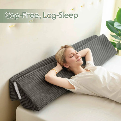 King Size Wedge Pillow for Headboard Gap Filler and Bed Gap Sealer, Adjustable Wedge for Head and Neck Support, Multi Functional Gap Blocker for Bed, Sofa, or Wall Gaps, Seals 0 to 7 Inch Gap, Gray 76 by 11 by 9 Inches, woman reclining