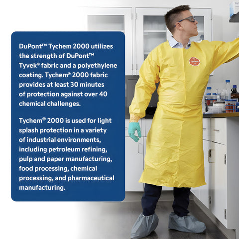 Man wearing Disposable Chemical Resistant Coverall With Hood And Serged Seams, Yellow, X-Large, for industrial use, standing in lab