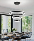 Modern Dimmable LED Chandelier With Dope 3 Ring Adjustable Pendant Lights For Living Room, Bedroom, And Dining Room - Remote Control, Contemporary Hanging Ceiling Fixture In Black, Aluminum And Acrylic, Height Adjustable DIY Design in dining room