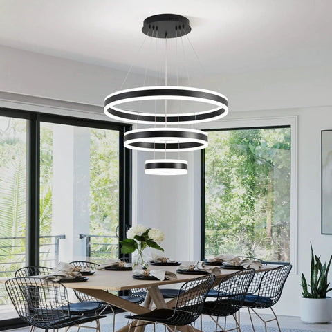 Modern Dimmable LED Chandelier With Dope 3 Ring Adjustable Pendant Lights For Living Room, Bedroom, And Dining Room - Remote Control, Contemporary Hanging Ceiling Fixture In Black, Aluminum And Acrylic, Height Adjustable DIY Design in dining room