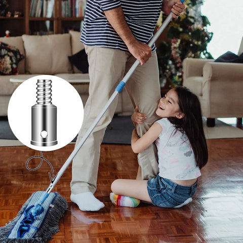 Two Pack Threaded Tip Replacement Kit for Mop and Broom Poles Ultra Durable Metal Handle Tips With 1 Inch Thread Easy Install Extension Pole Adapter For Wood Or Metal Poles Great For Home Cleaning Tools shown in use with a mop indoors.
