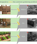Comparison image highlighting robustness, elevated feet, and dual zones of a two tier raised garden bed with lattice trellis for outdoor flowers and veggies, 47.2 inch tall wood plant stand with dual planting areas, metal reinforced, liner, elevated beds for climbing plants and herbs, brown.
