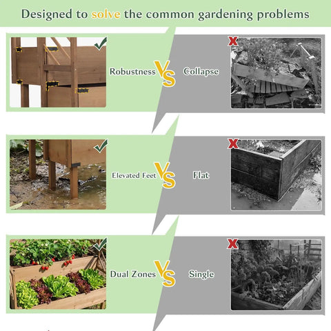 Comparison image highlighting robustness, elevated feet, and dual zones of a two tier raised garden bed with lattice trellis for outdoor flowers and veggies, 47.2 inch tall wood plant stand with dual planting areas, metal reinforced, liner, elevated beds for climbing plants and herbs, brown.