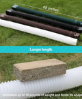 White 2 Pack Rain Gutter Downspout Extensions Flexible Drain Downspout Extenders For Easy Rainwater Drainage Gutter Connector Extendable From 21 To 68 Inches Patented US Design showing different colors and a weight test with a brick.