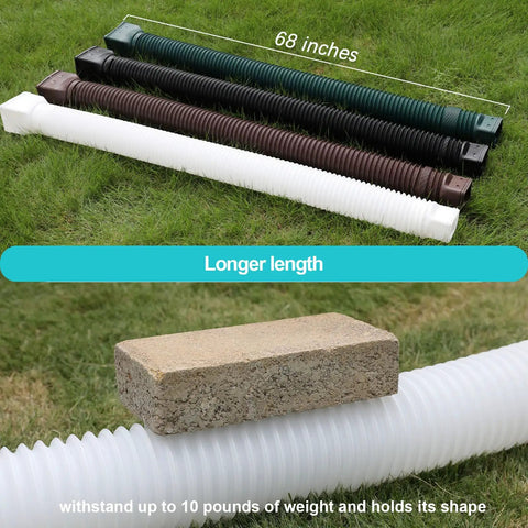 White 2 Pack Rain Gutter Downspout Extensions Flexible Drain Downspout Extenders For Easy Rainwater Drainage Gutter Connector Extendable From 21 To 68 Inches Patented US Design showing different colors and a weight test with a brick.