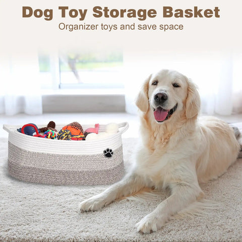 Large Dog Toy Storage Basket Rope Bin 30L For Toys And Blankets Pet Gear White And Brown 19.7 X 11 X 7.9 Inches next to a dog
