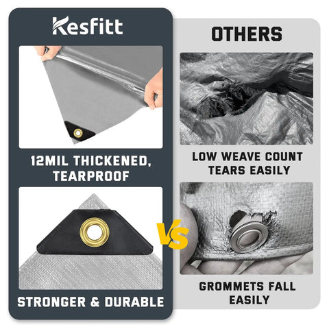 Comparison of 12 mil thick Beast Mode Tough 12 Mil Heavy Duty Waterproof Tarp with grommets versus low weave tarp.