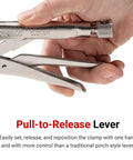 Close-up of pull-to-release lever on six piece locking pliers set with straight jaw curved jaw and long nose for tough grip jobs.