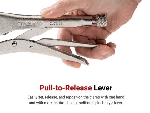 Close-up of pull-to-release lever on six piece locking pliers set with straight jaw curved jaw and long nose for tough grip jobs.