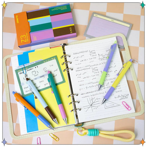 5 Pack Gel Pens 0.5mm Fine Point Retractable With Diamond Barrel shown with a planner and sketches for office or school use