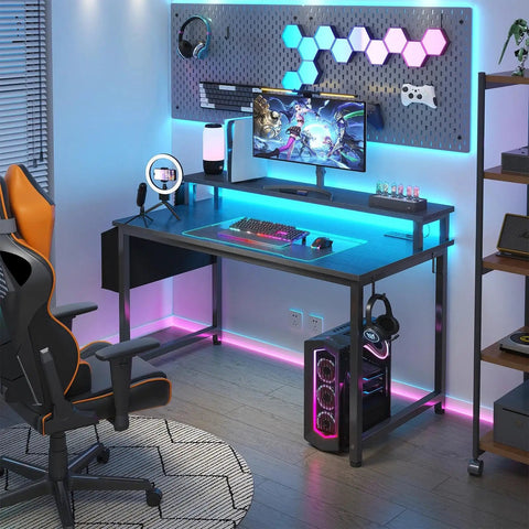 40 Inch Black Gaming Desk With LED Lights And Built In Power Outlets USB Ports Monitor Stand And Charging Station For Home Office Teen Study And Gaming Setup