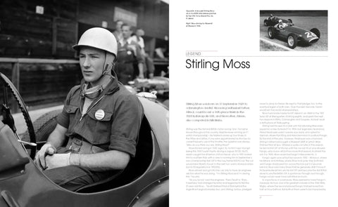Photograph of Stirling Moss in a Formula One car cockpit, page from the book Legends Of Grand Prix Racing: Cult Drivers And Their Legacies Through Triumphs, Tragedies, Iconic Photos, And Insider Stories From The Paddock For Gearheads And Casual Fans Alike.