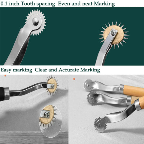 Two Pack Tracing Wheel and Pounce Wheel Set for Paper Perforation and Pattern Making, showing high hardness wheels in use on fabric.