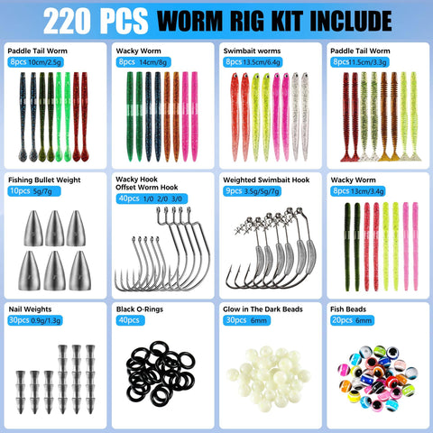 Bass Fishing Kit With Wacky Worms And Soft Plastic Baits 220PCS Lure Set Includes Hooks Weights Rigs And Tackle Box Perfect Gift For Men Who Love Freshwater Fishing