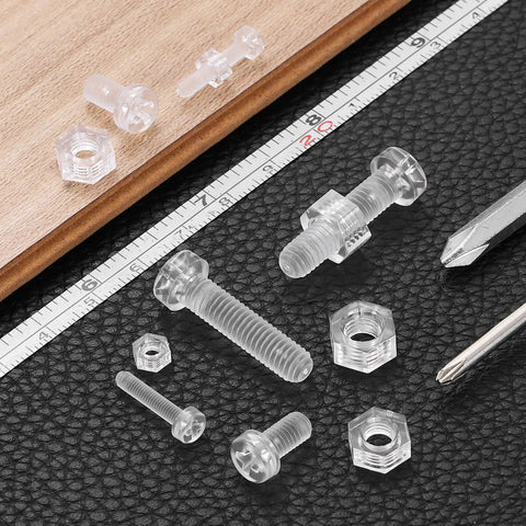 Clear Acrylic Screws Kit 10 Piece Set M4 X 18mm Round Head Phillips Bolts With Hex Nuts on black surface with ruler and screwdriver