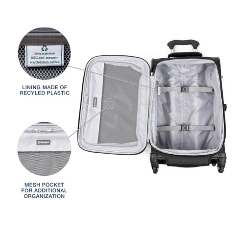 Travelpro Maxlite 5 softside 21-inch carry-on luggage, black, open interior with mesh pocket and compression straps.