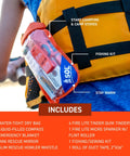 Outdoor detail of waterproof survival kit in rugged bag with emergency thermal blanket, fishing and sewing kits, compass, and tools.
