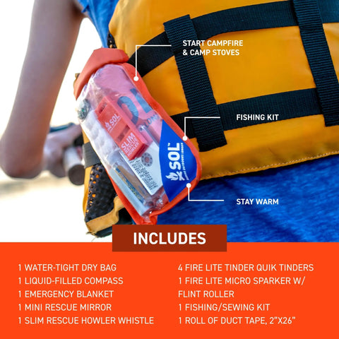 Outdoor detail of waterproof survival kit in rugged bag with emergency thermal blanket, fishing and sewing kits, compass, and tools.