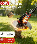 Cordless 12 Inch Weed Wacker With Wheels 21V 2x3000mAh Battery 800W Brushless Motor 4 Blade Types 20000 RPM Grass Trimmer For Garden Yard Long Battery Life And Quick Swap Blades Lightweight Yet Mighty. 800W brushless motor garden trimmer cutting grass near stump
