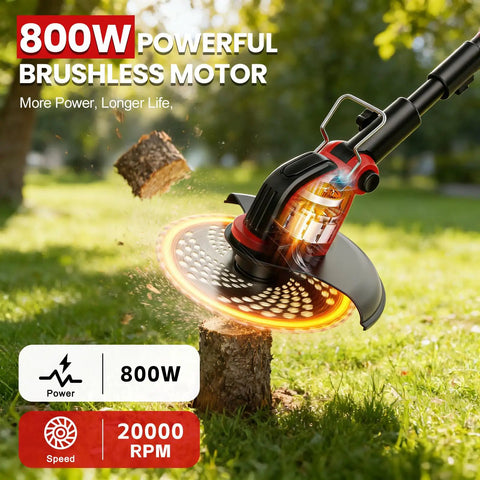 Cordless 12 Inch Weed Wacker With Wheels 21V 2x3000mAh Battery 800W Brushless Motor 4 Blade Types 20000 RPM Grass Trimmer For Garden Yard Long Battery Life And Quick Swap Blades Lightweight Yet Mighty. 800W brushless motor garden trimmer cutting grass near stump