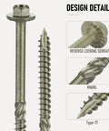 Close-up of Heavy Duty Hex Head Wood Screws Size 14 By 4 Inch Structural Lag Bolts Carbon Steel Green Coated.