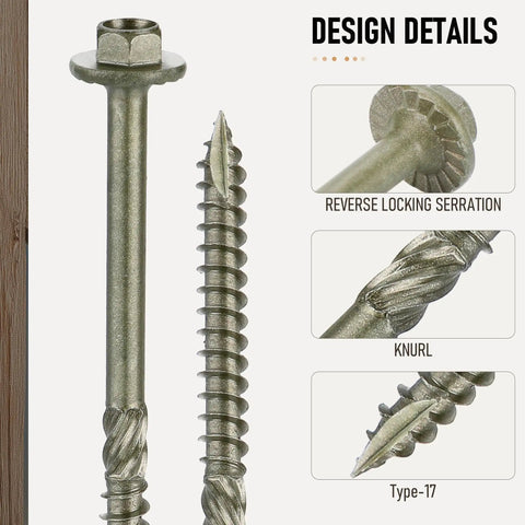 Close-up of Heavy Duty Hex Head Wood Screws Size 14 By 4 Inch Structural Lag Bolts Carbon Steel Green Coated.